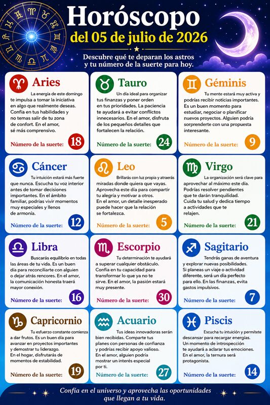 Horóscopo del 5 de julio de 2026: predicciones para cada signo zodiacal en un día de reflexión y descanso